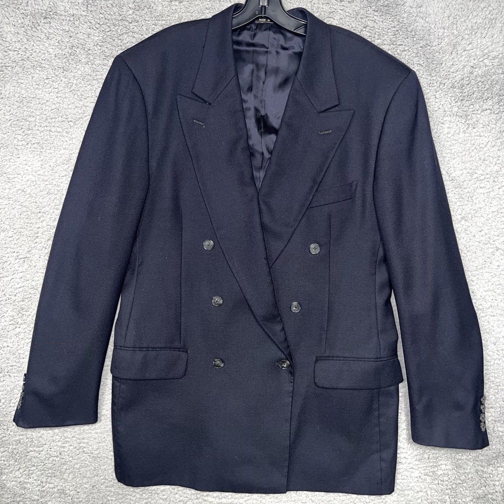 VTG Joseph Abboud Blazer 42L Navy Blue Wool Peak Lapel Double Breasted Made USA
